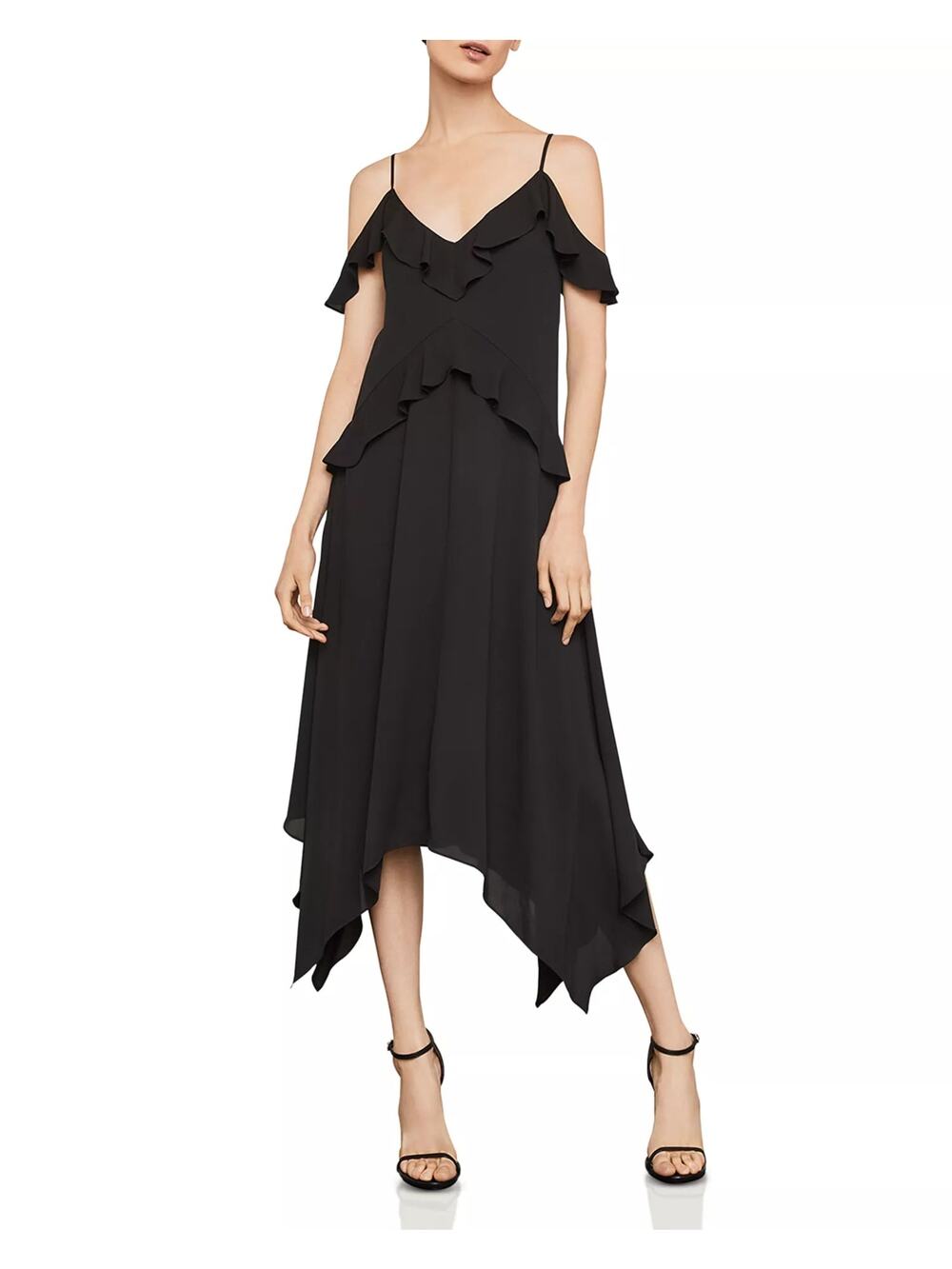 BCBGMaxazria Lissa Cold Shoulder Handkerchief-Hem Midi Slip Dress Black XXS